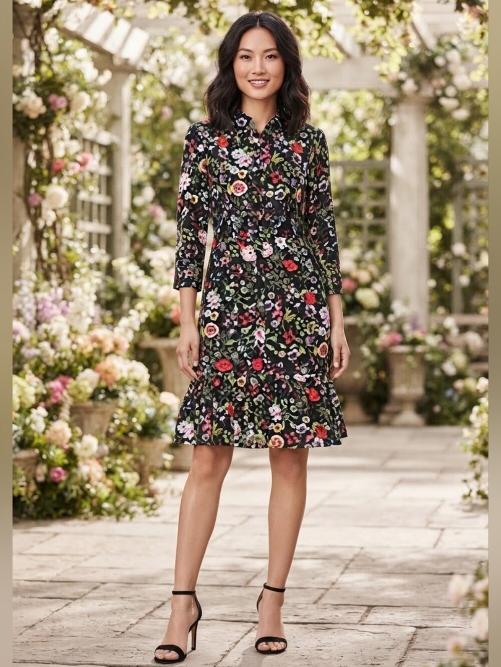 Adrianna Papell Black Floral Fit-and-Flare Dress